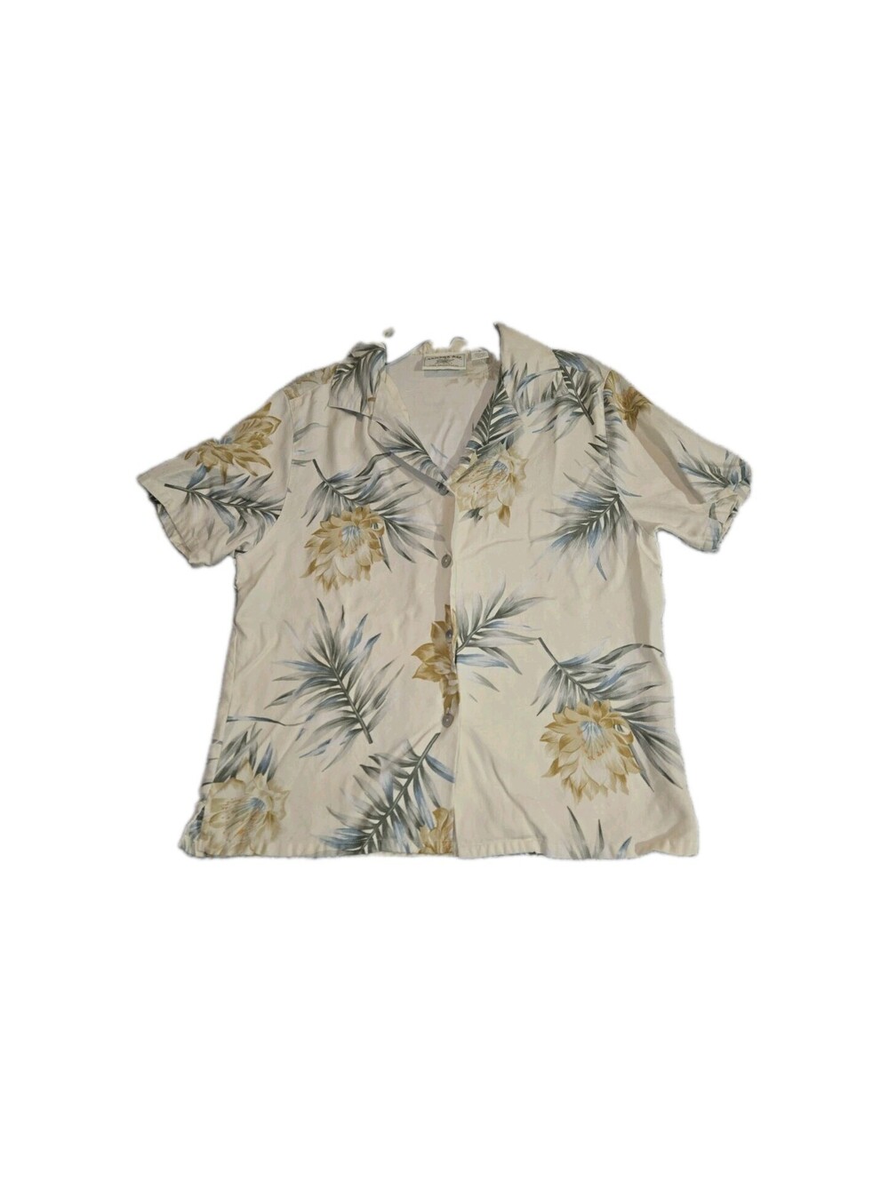 💯 silk S/S Top Palm Leaves Cream Green Blue Cropped Beach Vacation Cruise